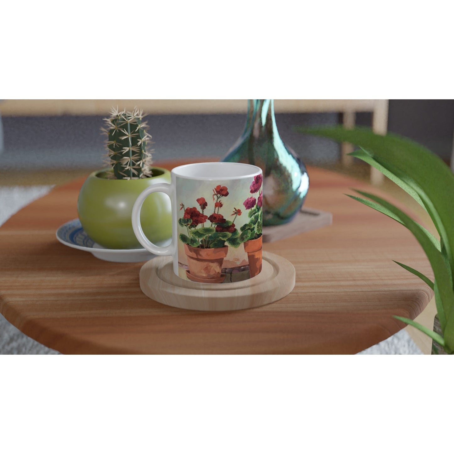 11oz White Ceramic Mug | Coffee Cup with 'Potted Red Geraniums Series 1' Floral Artwork by American Artist Barbara Cleary