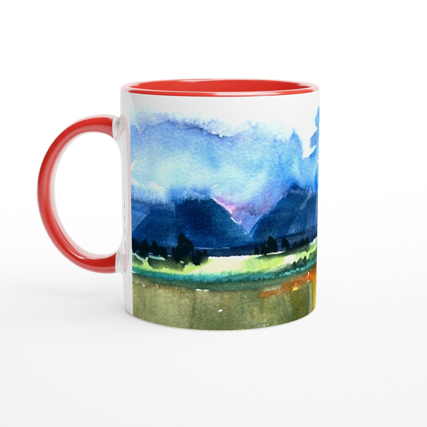 11oz White Ceramic Mug with Color Inside | Coffee Cup with 'Tranquil Mountain View 4' Artwork by American Artist Barbara Cleary