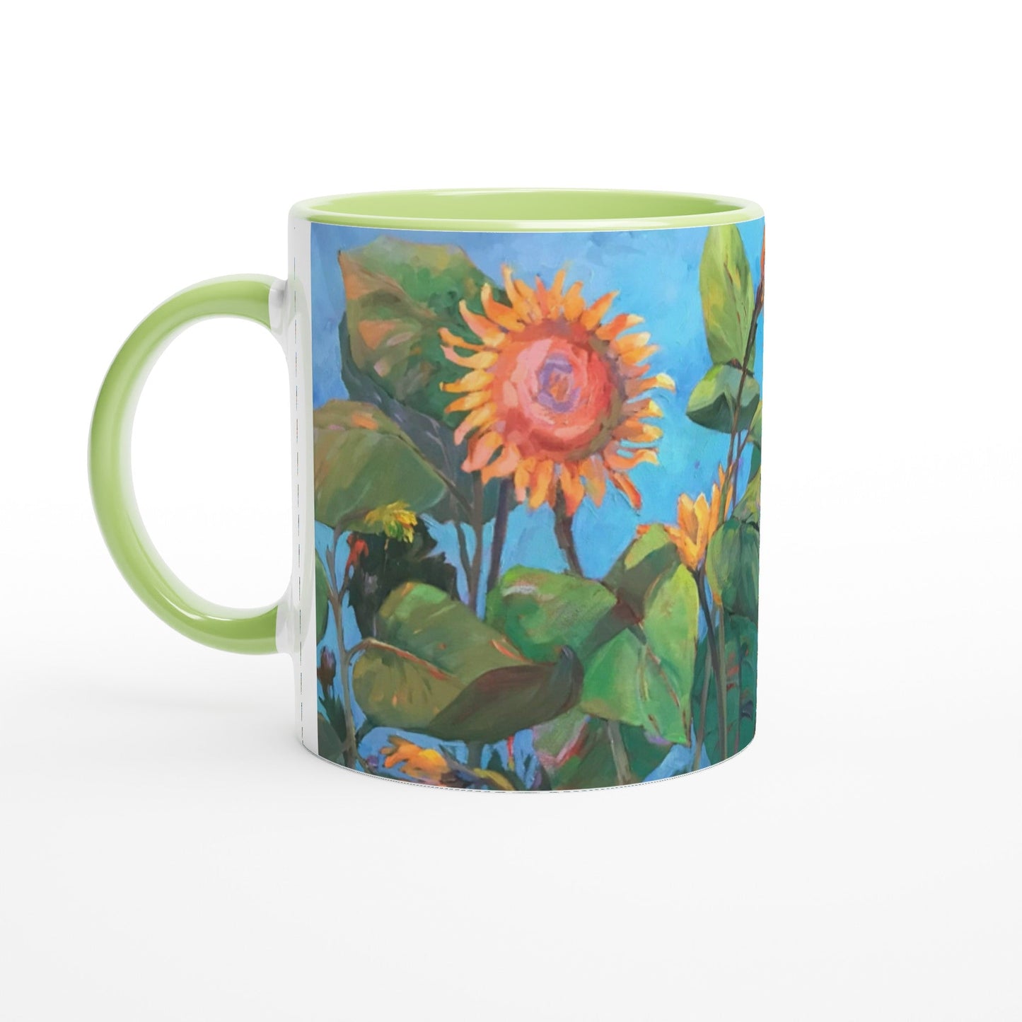"11oz White Ceramic Coffee Mug with Color Inside | with 'Southwinds 2 Sunflowers' Floral Artwork by American Artist Barbara Cleary