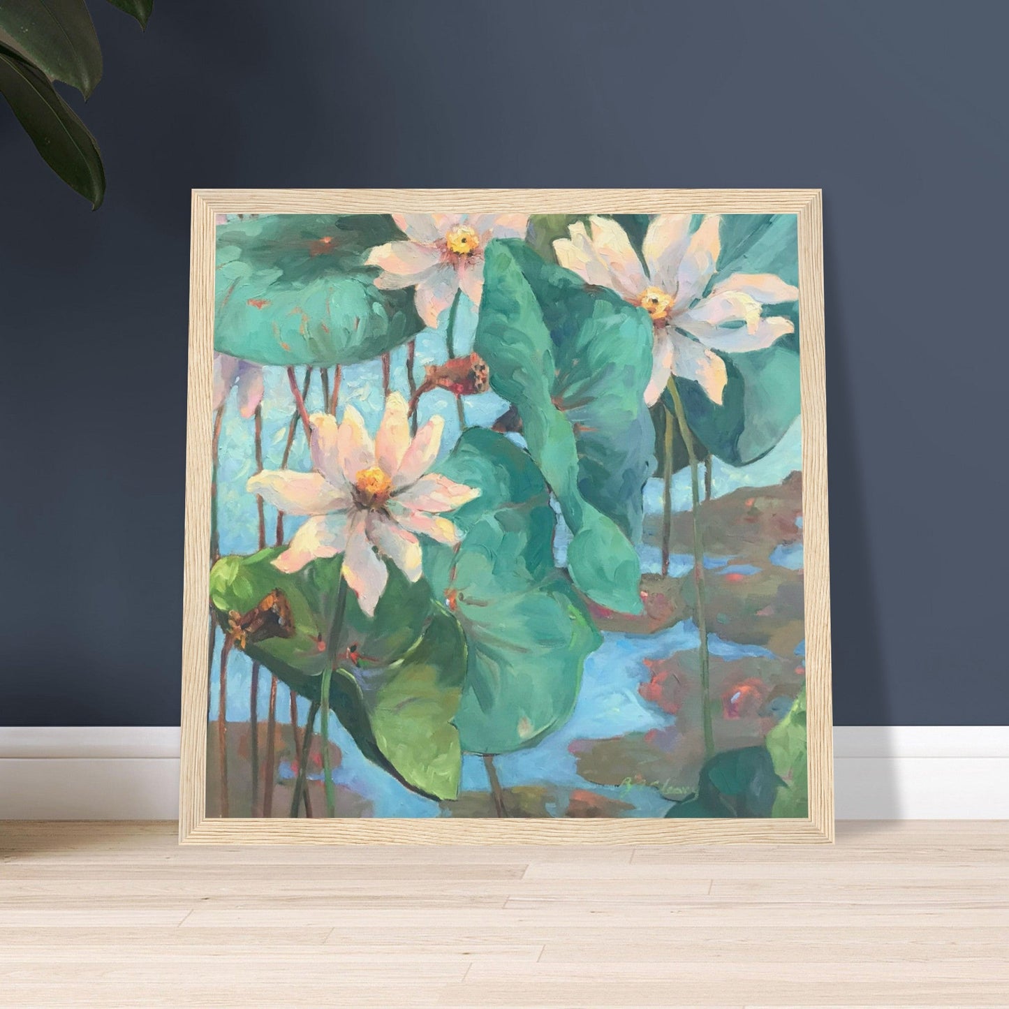 ‘Lily Pad’ Floral | 12x12 inch Wooden Framed Art Print | Original Artwork by American Artist Barbara Cleary