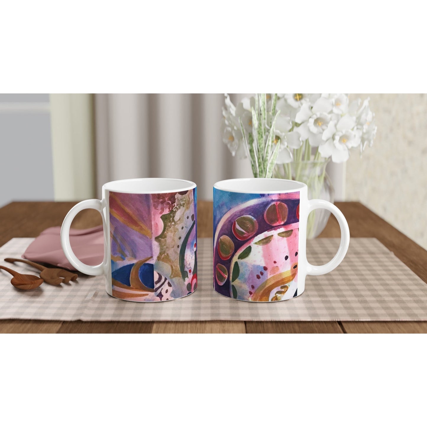 "Kaleidoscope" 11oz White Ceramic Mug | Coffee Cup with 'Kaleidoscope' Abstract Artwork by American Artist Barbara Cleary