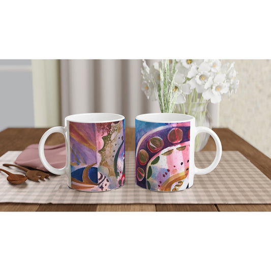 "Kaleidoscope" 11oz White Ceramic Mug | Coffee Cup with 'Kaleidoscope' Abstract Artwork by American Artist Barbara Cleary