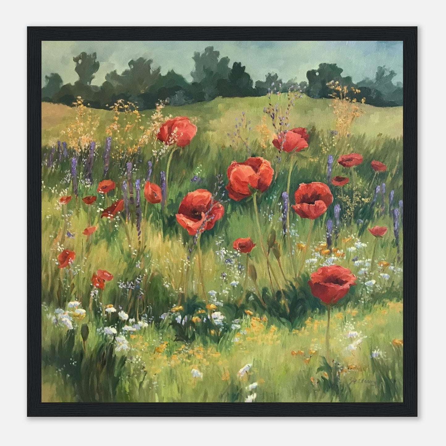 'Field of Red Poppies' Floral I 12x12 inch Wooden Framed Art Print I Original Artwork by American Artist Barbara Cleary