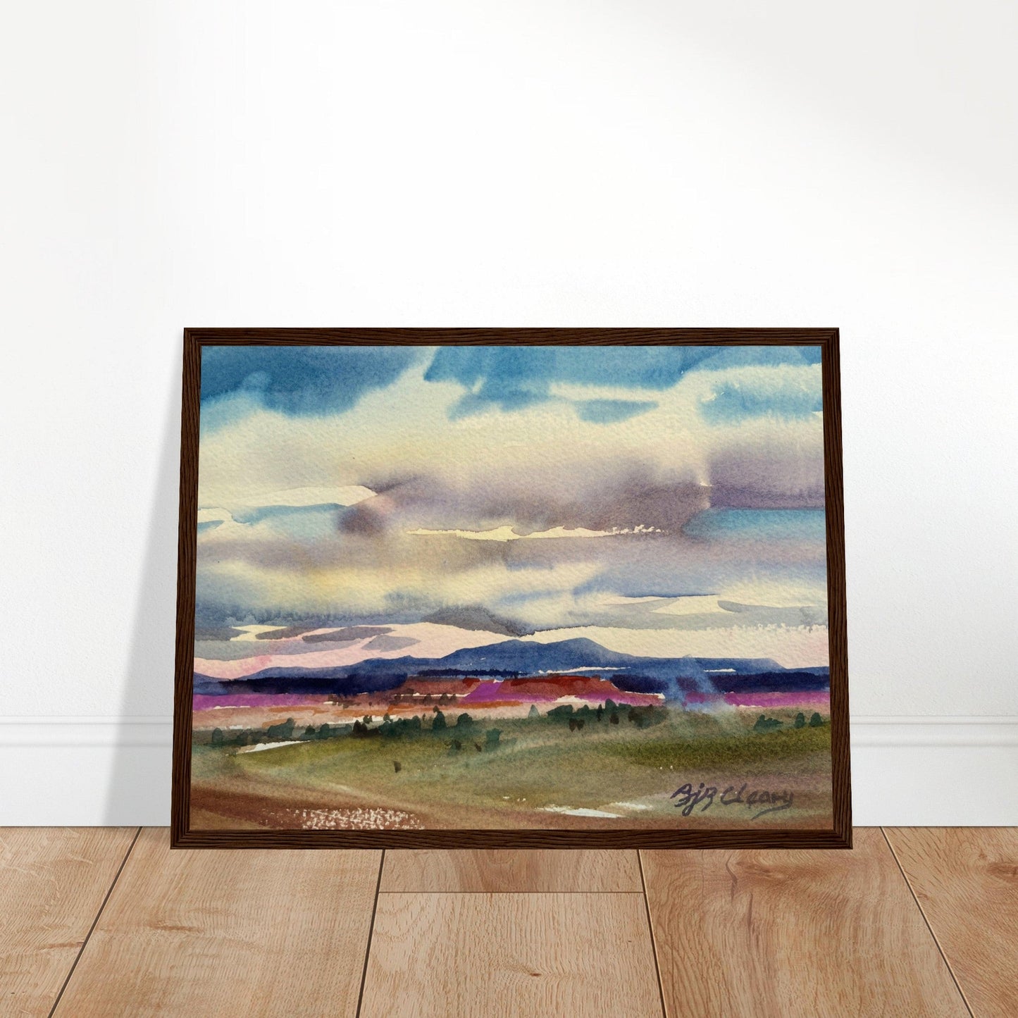 ‘Tranquil Mountain View 1’ Landscape Watercolor | 12x16 Wooden Framed Art Print | Original Artwork by American Artist Barbara Cleary