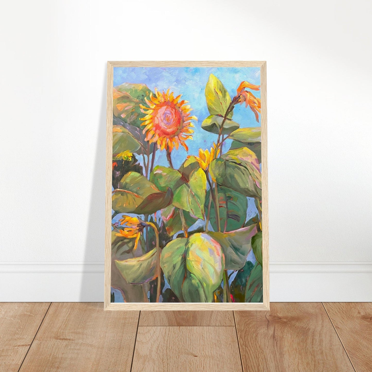 'Southwind Sunflowers 2' Floral | 11x14 inch Wooden Framed Art Print | Original Artwork by American Artist Barbara Cleary
