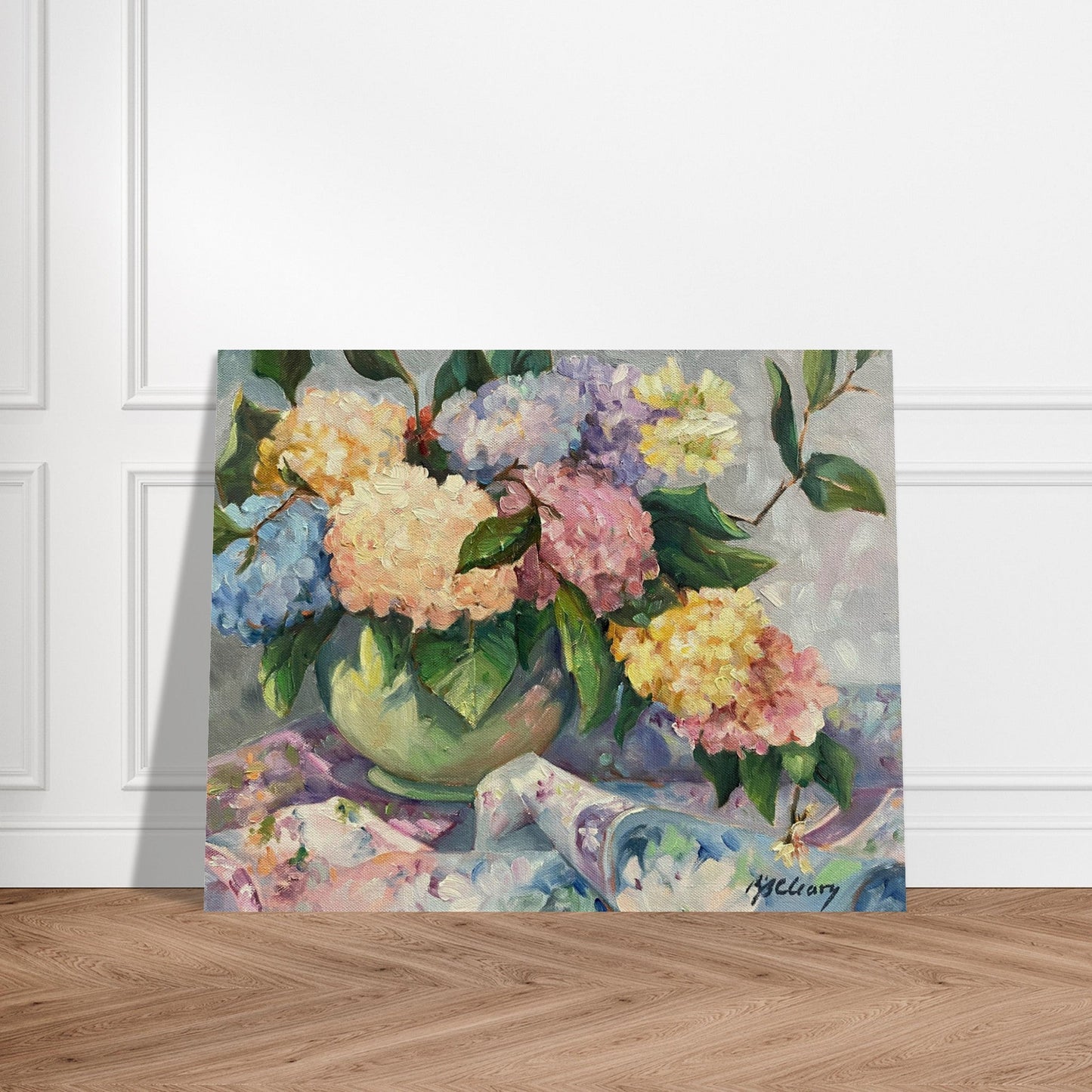 'Hydrangeas' Floral Still Life I 16x20 Museum-Quality Matte Paper Poster | Original Artwork by American Artist Barbara Cleary