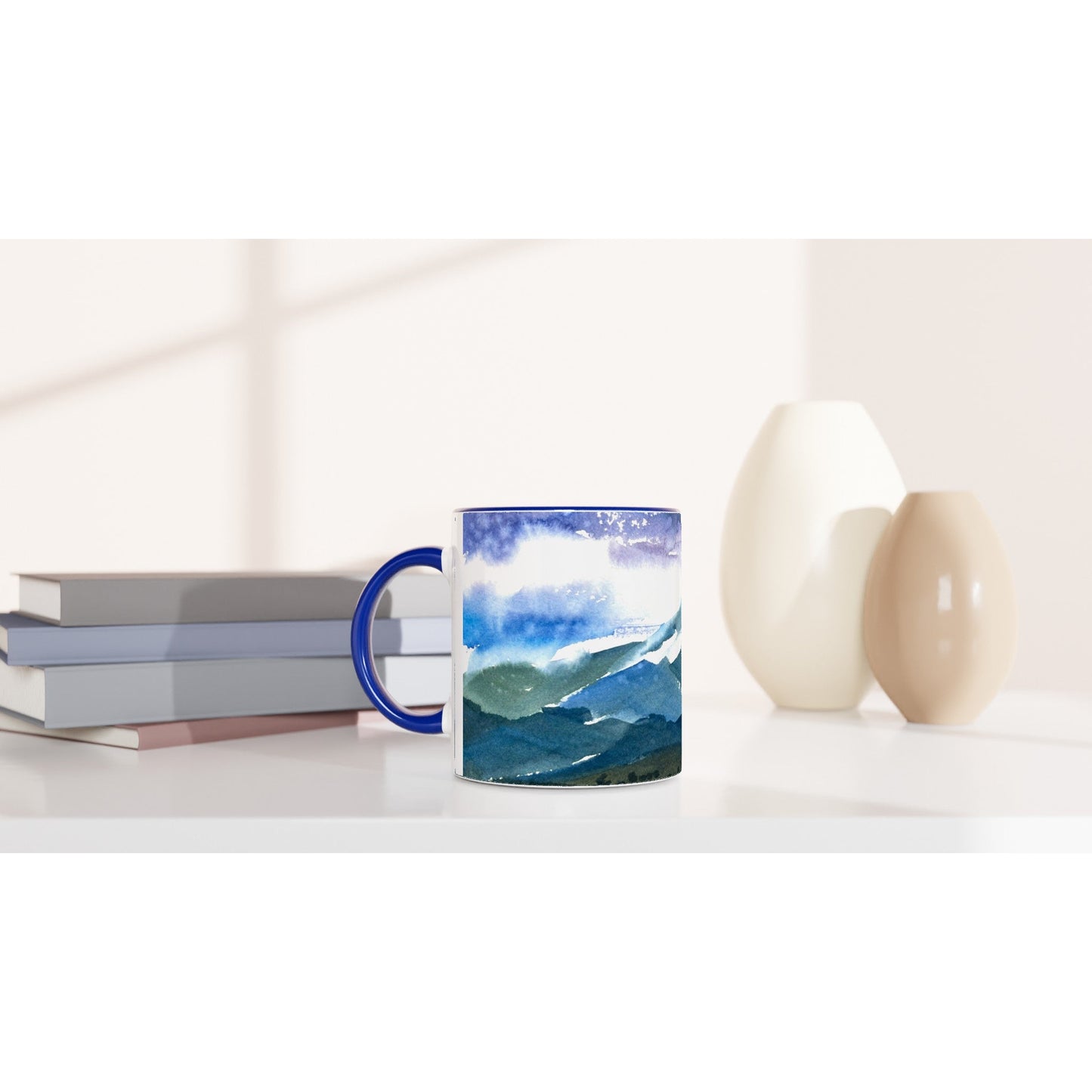 11oz White Ceramic Mug with Color Inside | Coffee Cup with 'Tranquil Mountain View 3' Artwork by American Artist Barbara Cleary