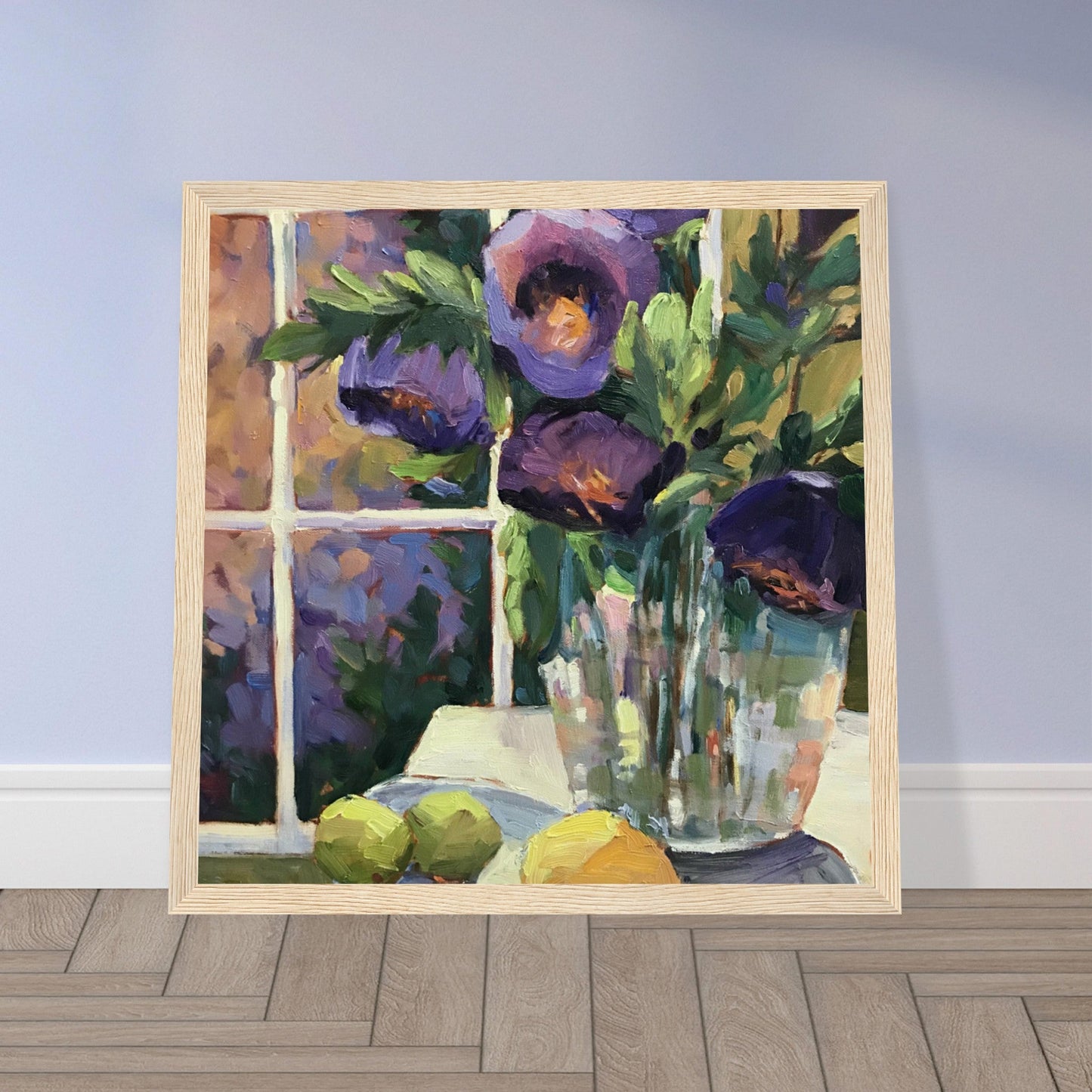‘Purple Flowers’ Floral Still | 12x12 inch Wooden Framed Art Print | Original Artwork by American Artist Barbara Cleary