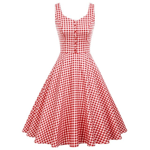 Belle Poque Cotton Dress Women Sleeveless V-Neck Buttons Grid Plaid Dresses Ladies Summer Knee Length Flare Swing A-Line Dress
