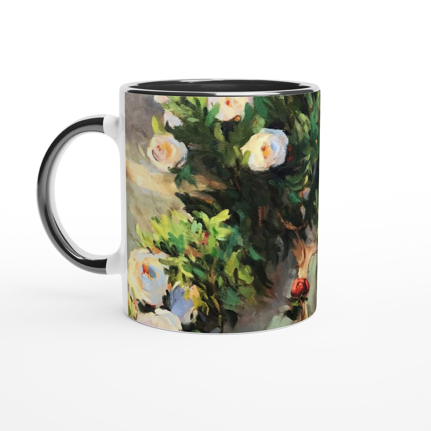 11oz White Ceramic Mug with Color Inside | Coffee Cup with 'Vining White Roses' Floral Artwork by American Artist Barbara Cleary