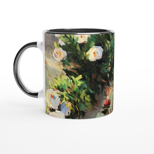 11oz White Ceramic Mug with Color Inside | Coffee Cup with 'Vining White Roses' Floral Artwork by American Artist Barbara Cleary