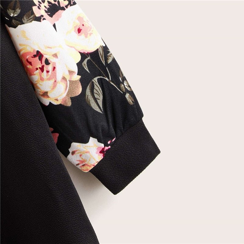 Black Floral Raglan Sleeve T-shirt Dress Women Spring Autumn Long Sleeve Round Neck Casual Loose Straight Short Dresses