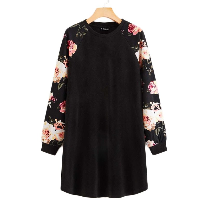 Black Floral Raglan Sleeve T-shirt Dress Women Spring Autumn Long Sleeve Round Neck Casual Loose Straight Short Dresses