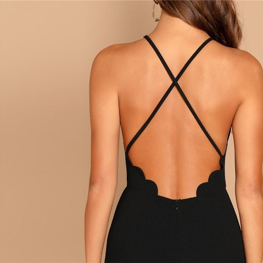 Black Scallop Trim Halter Dress Elegant Spaghetti Strap Solid Slim Short Dress Summer Modern Lady Women Sexy Party Dresses