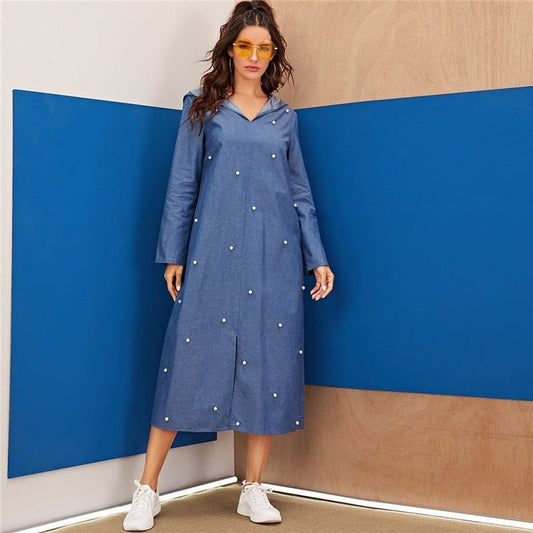 Blue Abaya Pearls Beaded Split Hem Denim Hoodie Dress Women Autumn Long Sleeve Solid Loose Casual Long Dresses