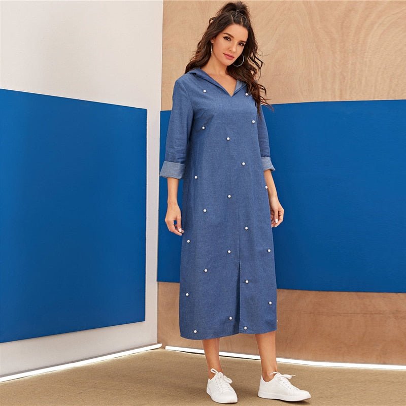 Blue Abaya Pearls Beaded Split Hem Denim Hoodie Dress Women Autumn Long Sleeve Solid Loose Casual Long Dresses