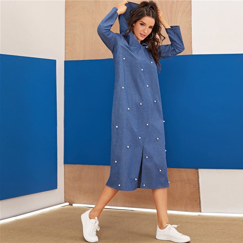 Blue Abaya Pearls Beaded Split Hem Denim Hoodie Dress Women Autumn Long Sleeve Solid Loose Casual Long Dresses