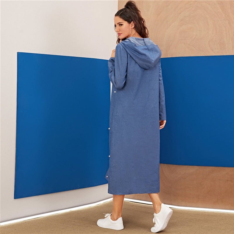 Blue Abaya Pearls Beaded Split Hem Denim Hoodie Dress Women Autumn Long Sleeve Solid Loose Casual Long Dresses