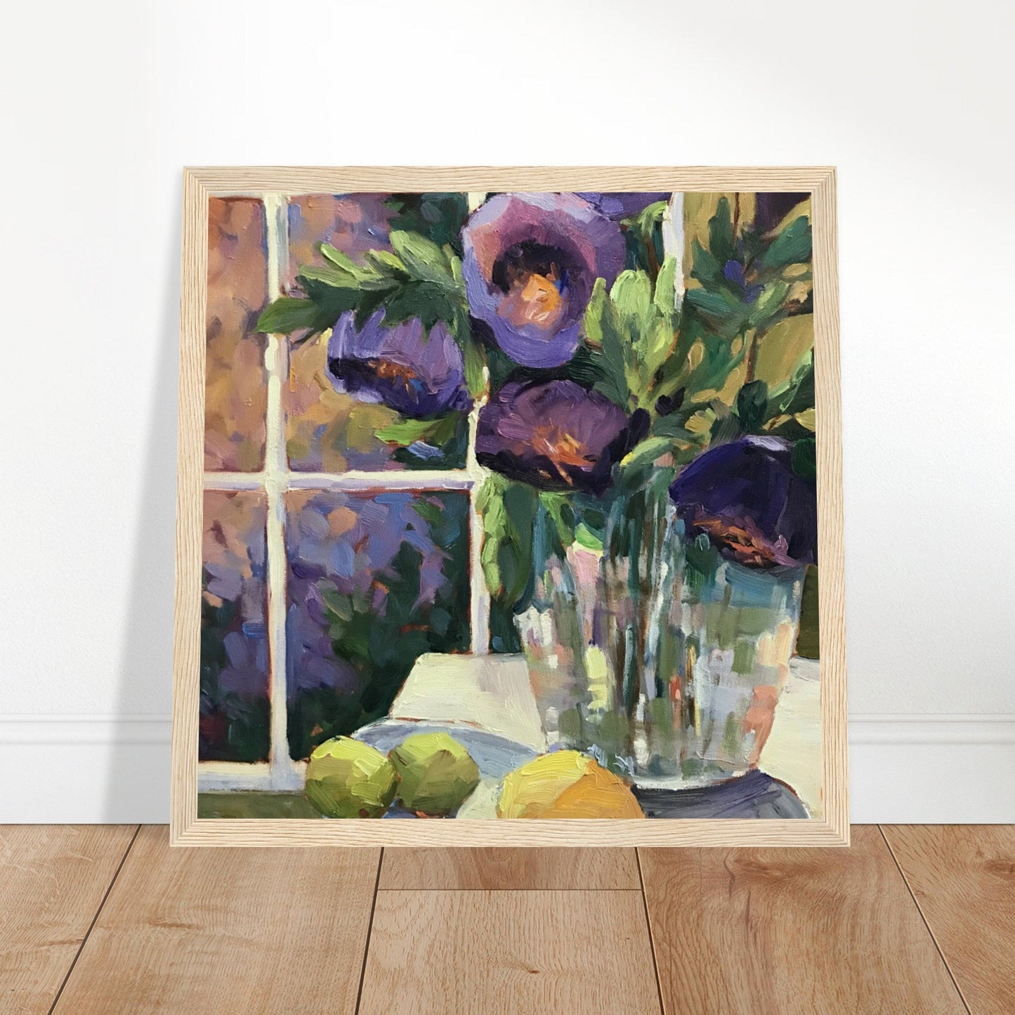 ‘Purple Flowers’ Floral Still | 12x12 inch Wooden Framed Art Print | Original Artwork by American Artist Barbara Cleary