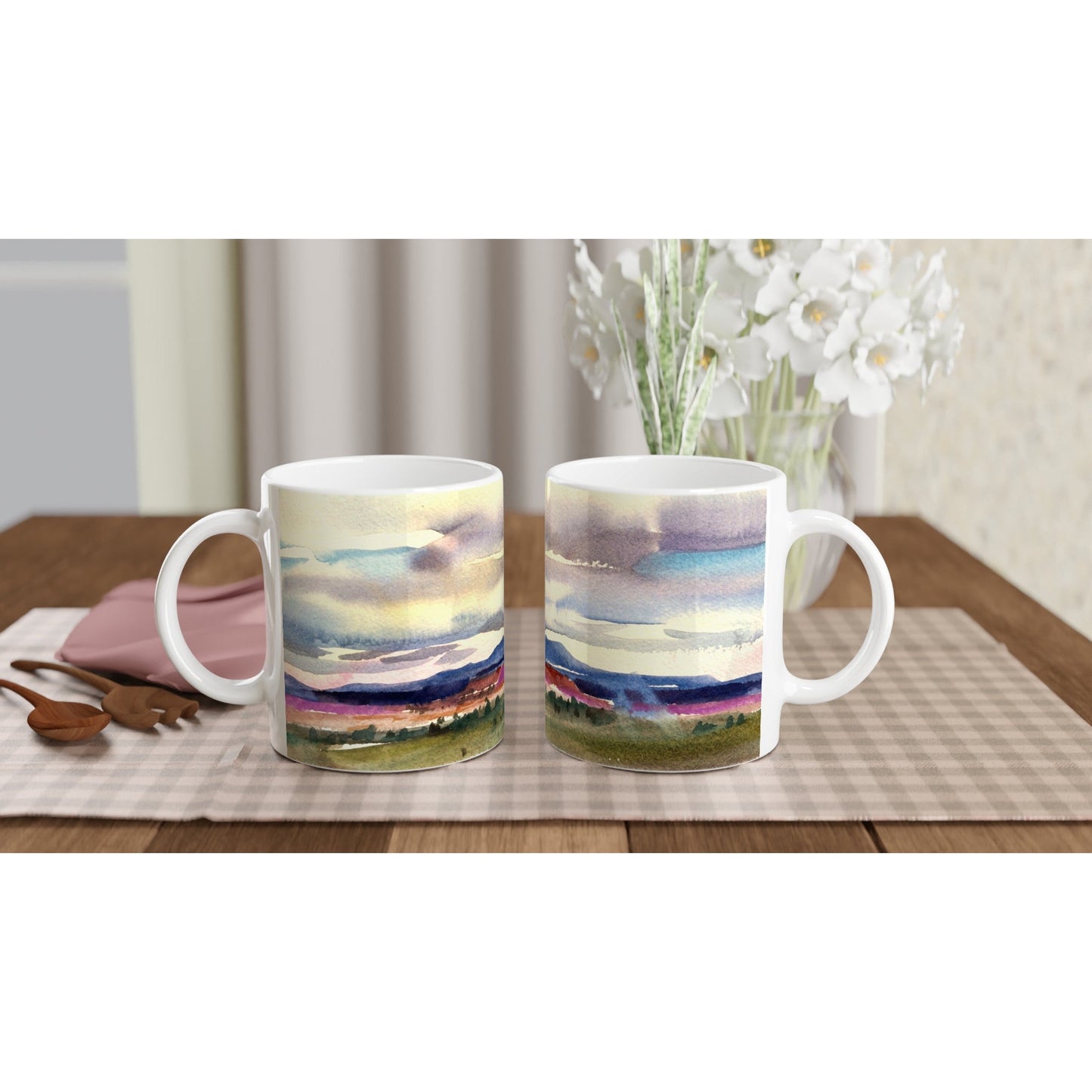 11oz White Ceramic Mug| Coffee Cup with 'Tranquil Mountain View 1' Artwork by American Artist Barbara Cleary
