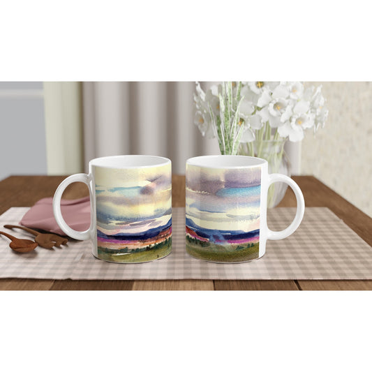 11oz White Ceramic Mug| Coffee Cup with 'Tranquil Mountain View 1' Artwork by American Artist Barbara Cleary
