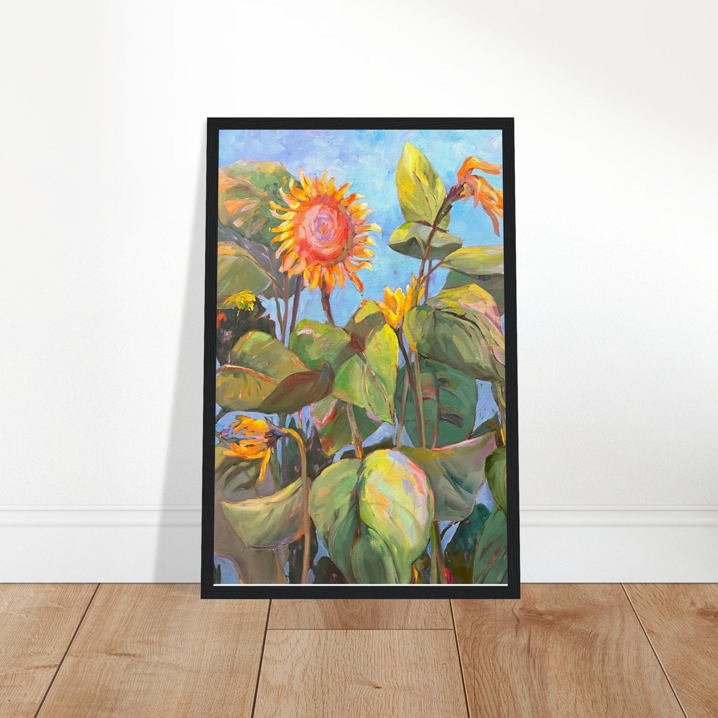'Southwind Sunflowers 2' Floral | 11x14 inch Wooden Framed Art Print | Original Artwork by American Artist Barbara Cleary