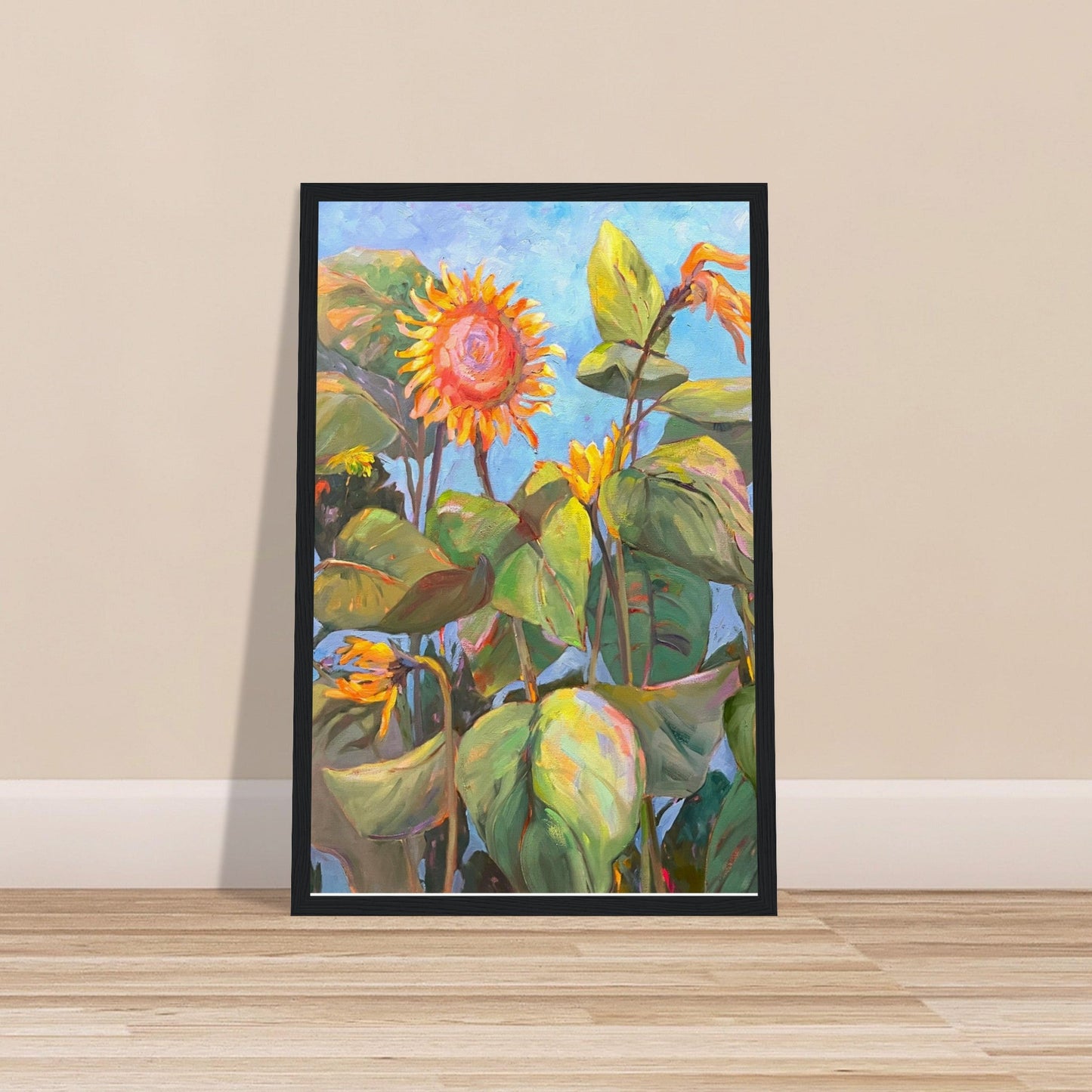 'Southwind Sunflowers 2' Floral | 11x14 inch Wooden Framed Art Print | Original Artwork by American Artist Barbara Cleary