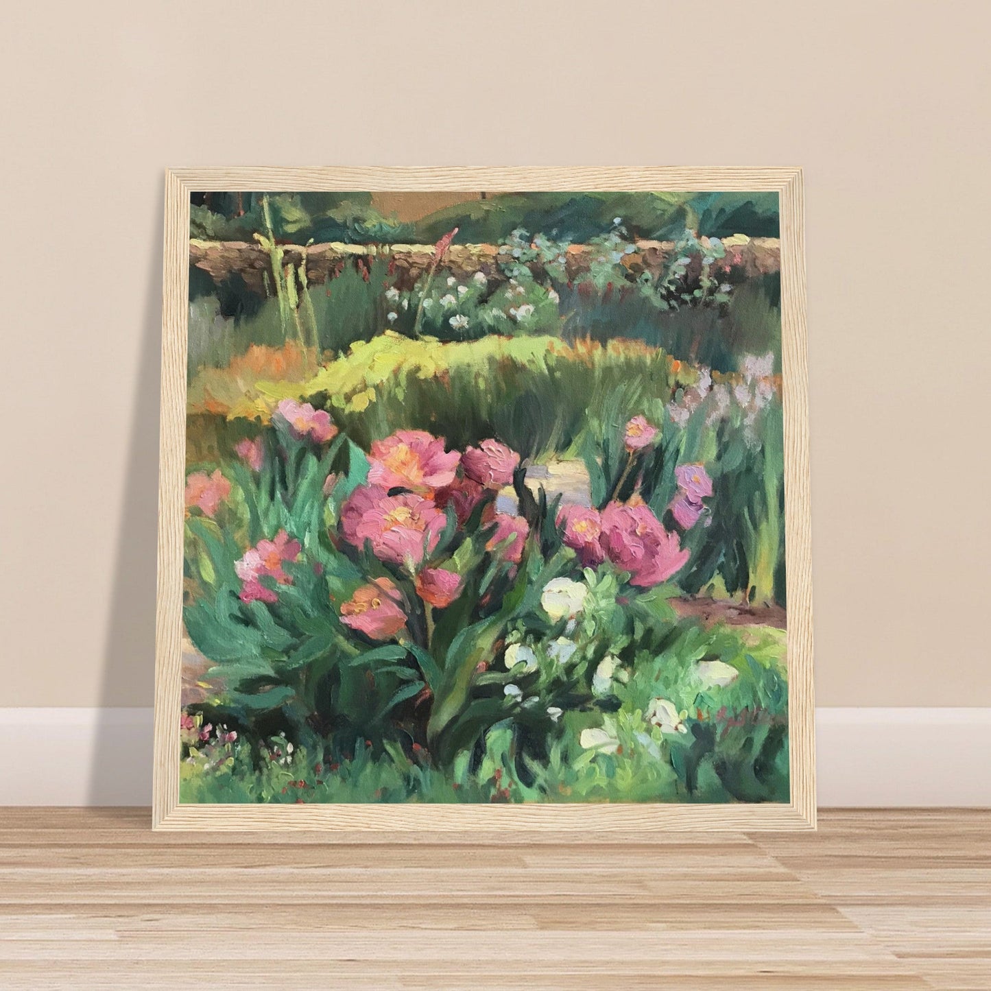 ‘Garden Peonies’ Pink and Green Floral | 12x12 inch Wooden Framed Art Print | Original Artwork by American Artist Barbara Cleary