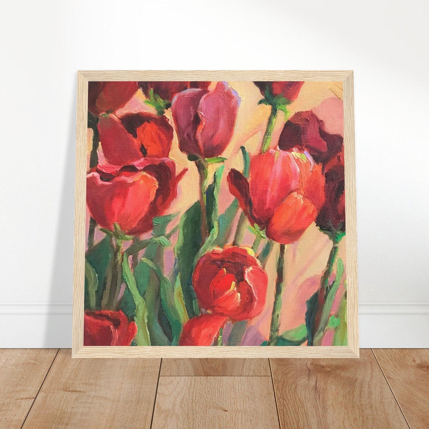 'Tulips' Floral I 12x12 inch Wooden Framed Art Print I Original Artwork by American Artist Barbara Cleary