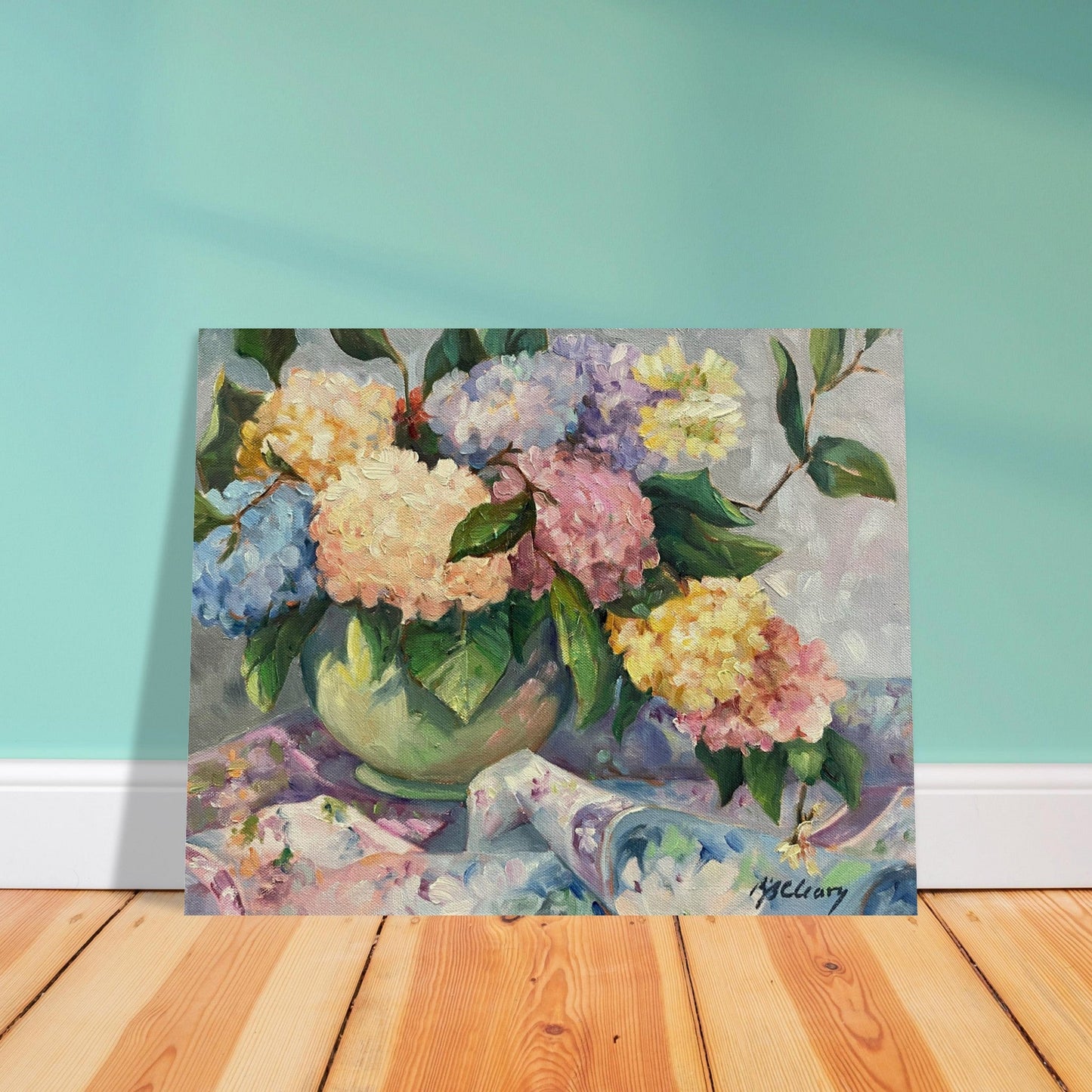 'Hydrangeas' Floral Still Life I 16x20 Museum-Quality Matte Paper Poster | Original Artwork by American Artist Barbara Cleary
