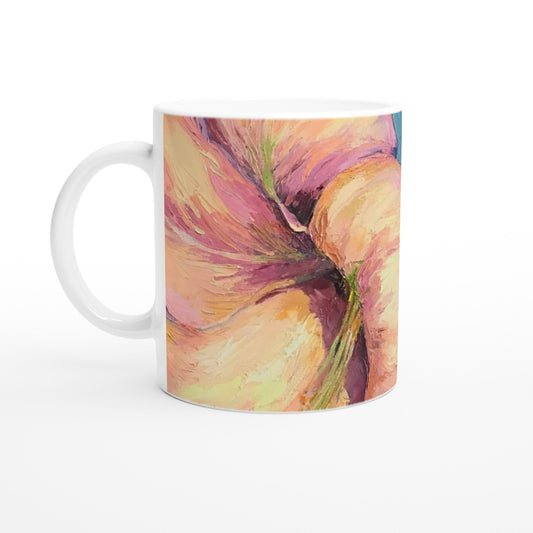 11oz White Ceramic Mug | Coffee Cup with 'Amaryllis 2' Floral Artwork by American Artist Barbara Cleary