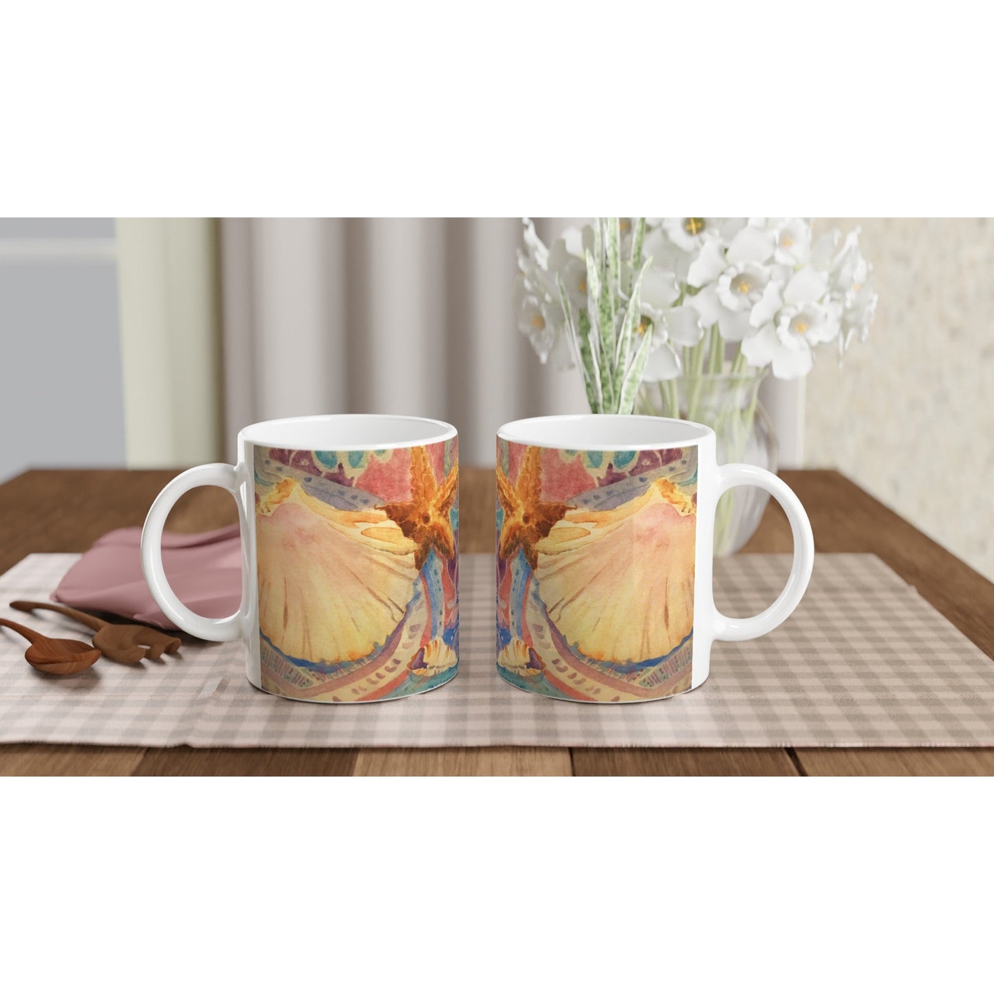 11oz White Ceramic Mug | Coffee Cup with 'Starfish' Watercolor Artwork by American Artist Barbara Cleary