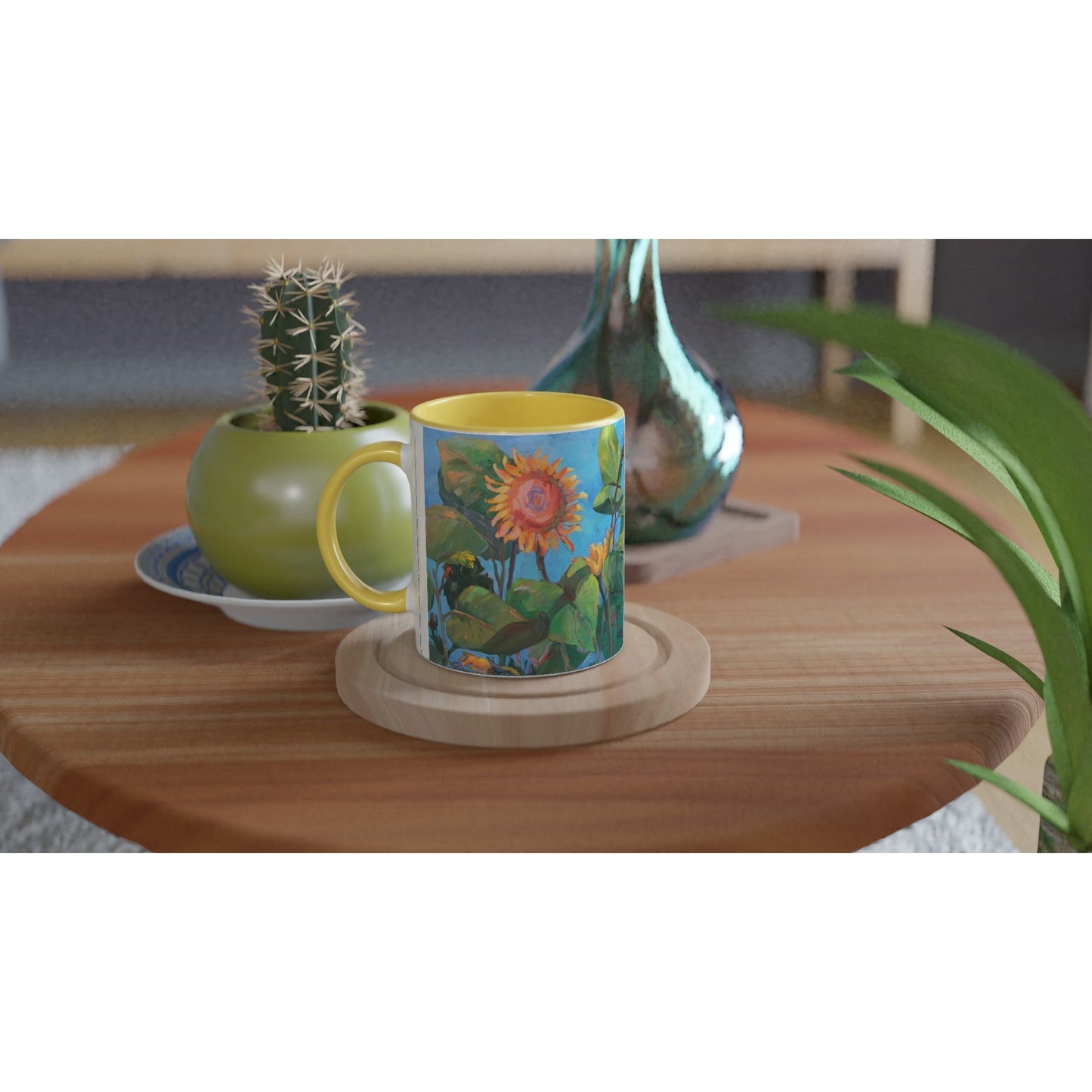 "11oz White Ceramic Coffee Mug with Color Inside | with 'Southwinds 2 Sunflowers' Floral Artwork by American Artist Barbara Cleary