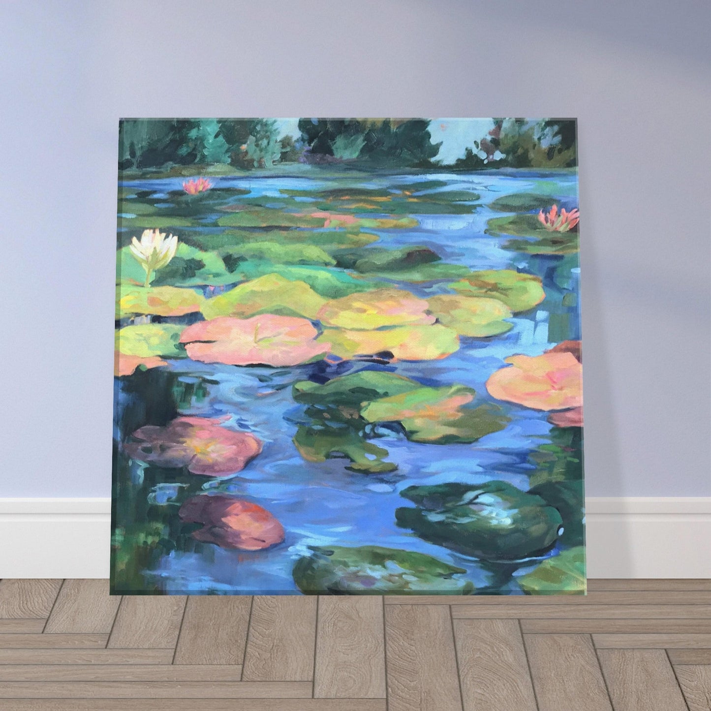 'Lily Pond' Floral I 12x12 inch Art Print on Canvas I Original Artwork by American Artist Barbara Cleary