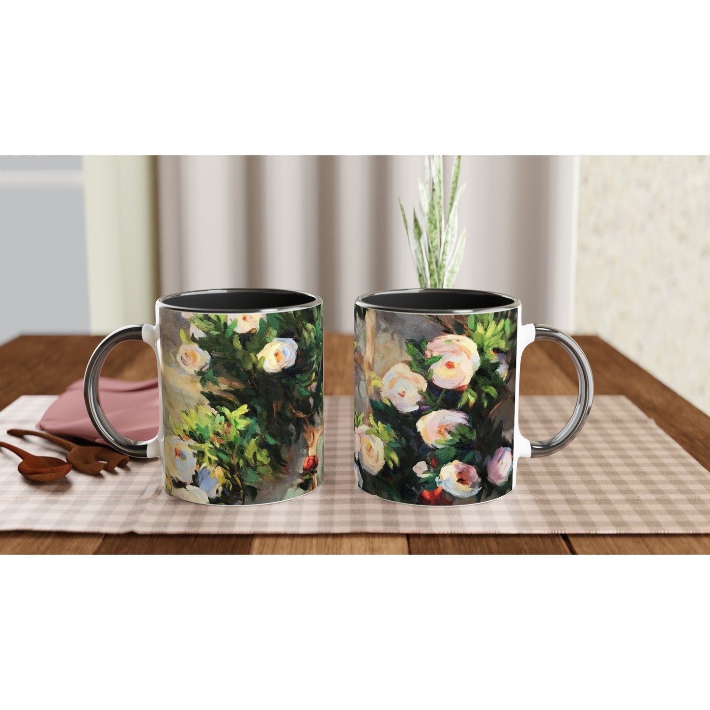11oz White Ceramic Mug with Color Inside | Coffee Cup with 'Vining White Roses' Floral Artwork by American Artist Barbara Cleary