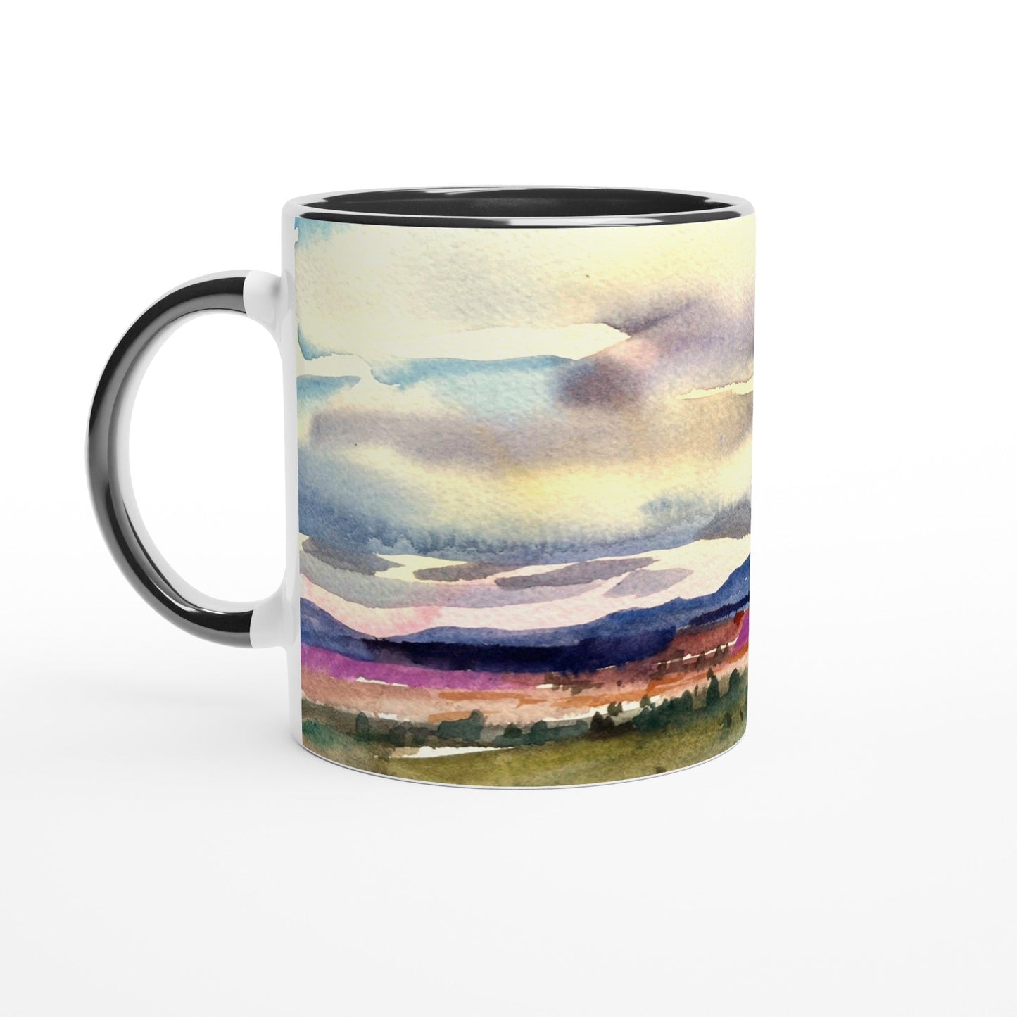 Copy of 11oz White Ceramic Mug with Color Inside | Coffee Cup with 'Tranquil Mountain View 1' Artwork by American Artist Barbara Cleary