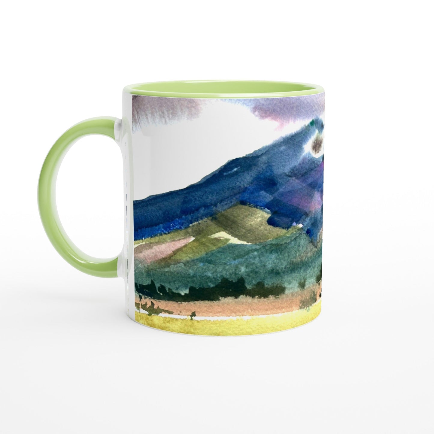 11oz White Ceramic Mug with Color Inside | Coffee Cup with 'Tranquil Mountain View 2' Artwork by American Artist Barbara Cleary
