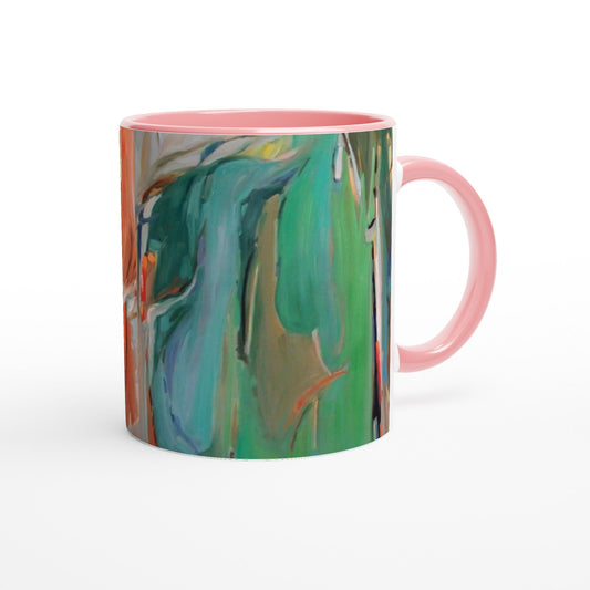 11oz White Ceramic Mug with Color Inside | Coffee Cup with 'Colorscape 2' Watercolor Artwork by American Artist Barbara Cleary