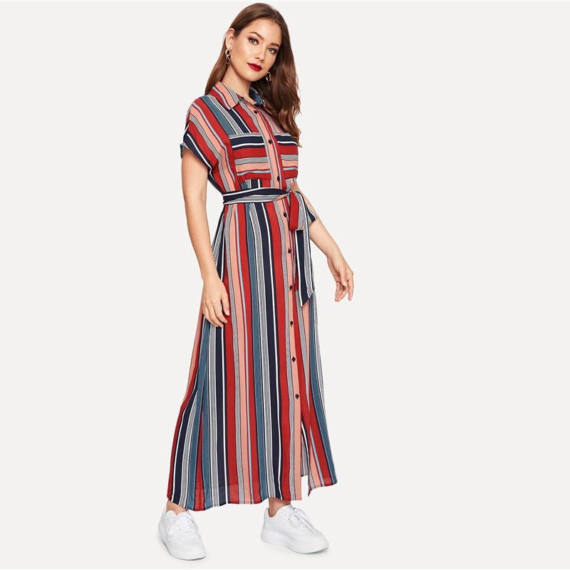 Colorful Striped Belted Hijab Shirt Dress  Women Chic Spring Summer Button Short Sleeve Pocket Autumn Dresses