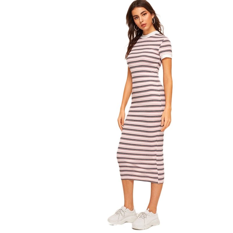 Contrast Neck And Cuff Striped Pencil Dress  Preppy Colorblock Stretchy Spring Autumn Bodycon Women Dresses