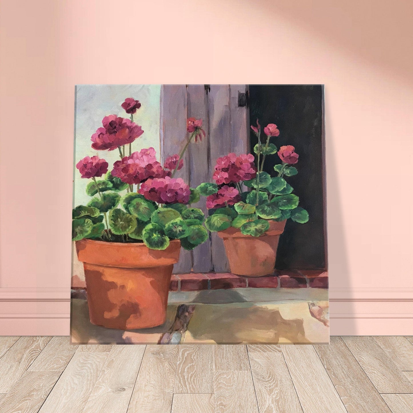 'Potted Pink Geraniums Series 2' Floral I 16x16 inch Art Print on Canvas I Original Artwork by American Artist Barbara Cleary