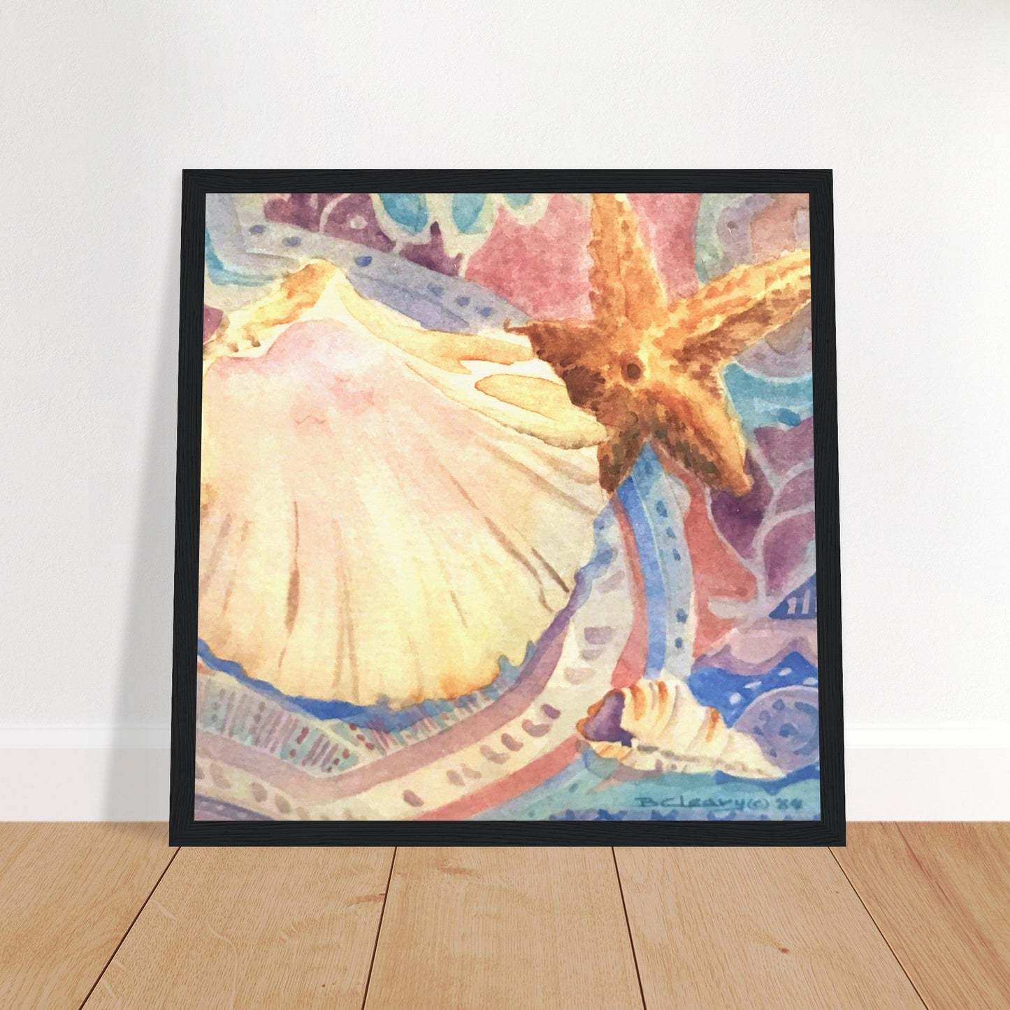 'Treasures of the Tide’ Coastal Watercolor | 12x12 Wooden Framed Art Print | Original Artwork by American Artist Barbara Cleary