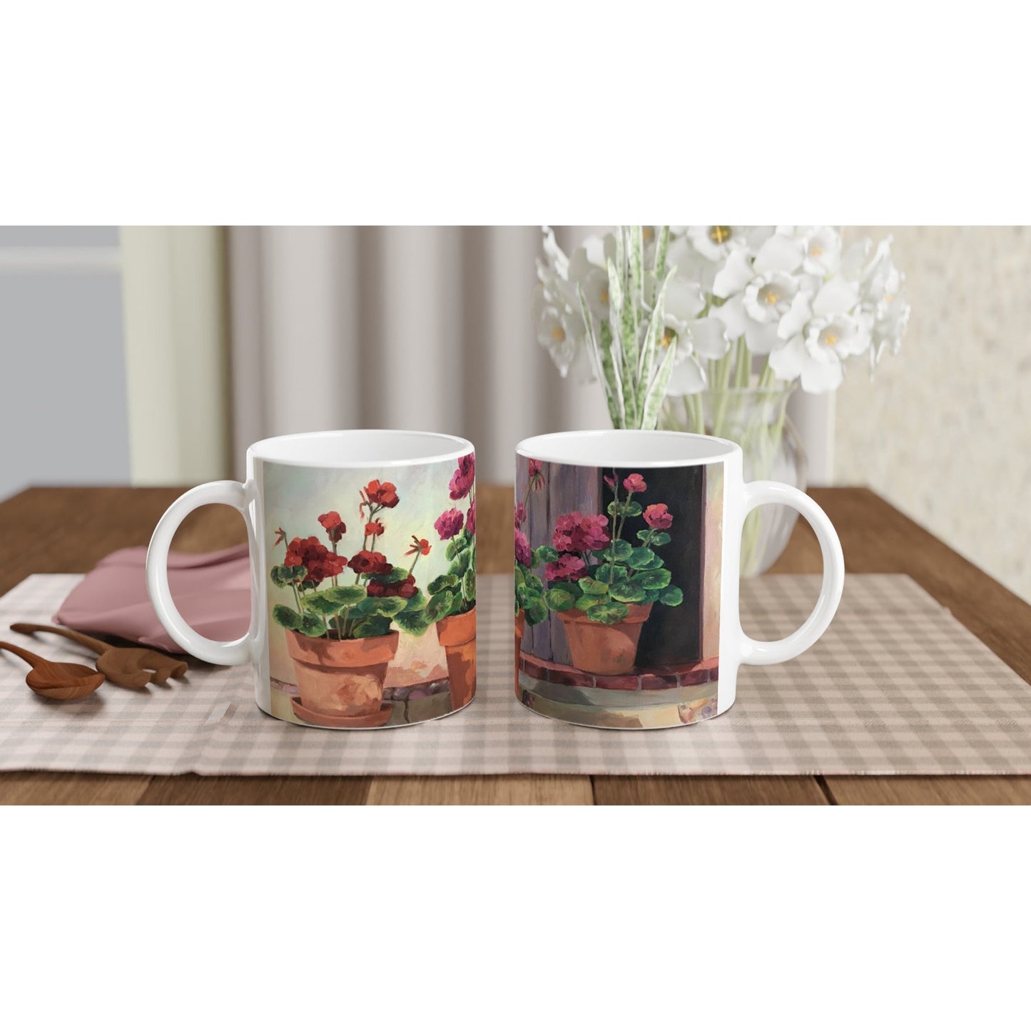 11oz White Ceramic Mug | Coffee Cup with 'Potted Red Geraniums Series 1' Floral Artwork by American Artist Barbara Cleary