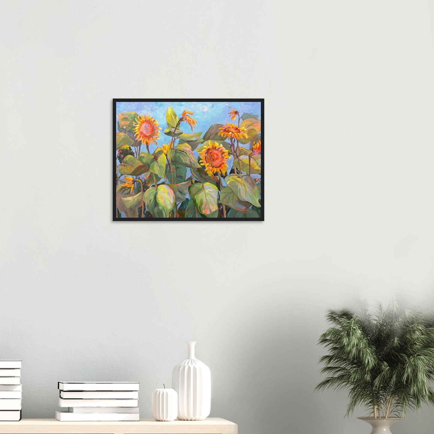'Southwind Sunflowers 2' Floral | 16x20 inch Wooden Framed Art Print | Original Artwork by American Artist Barbara Cleary