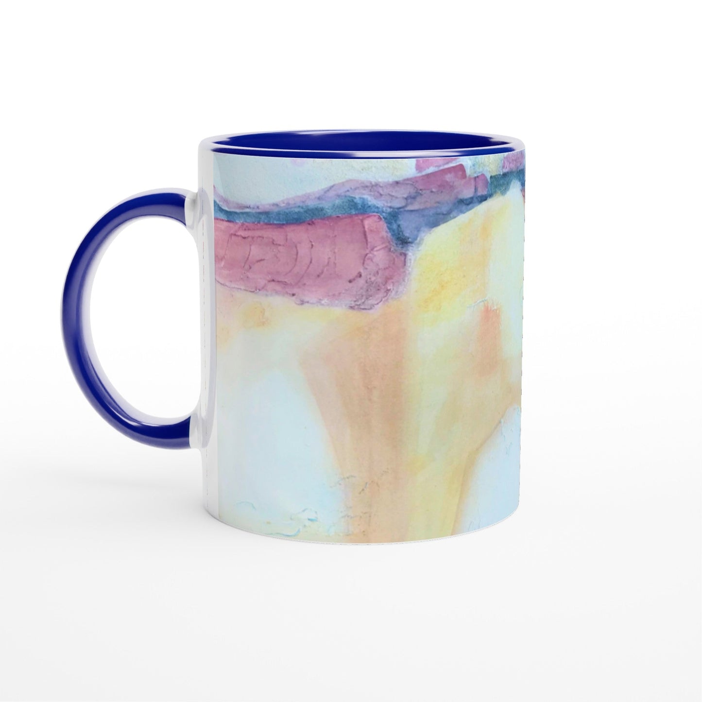 11oz White Ceramic Mug with Color Inside | Coffee Cup with 'Southwest Mixed Media' Abstract Artwork by American Artist Barbara Cleary
