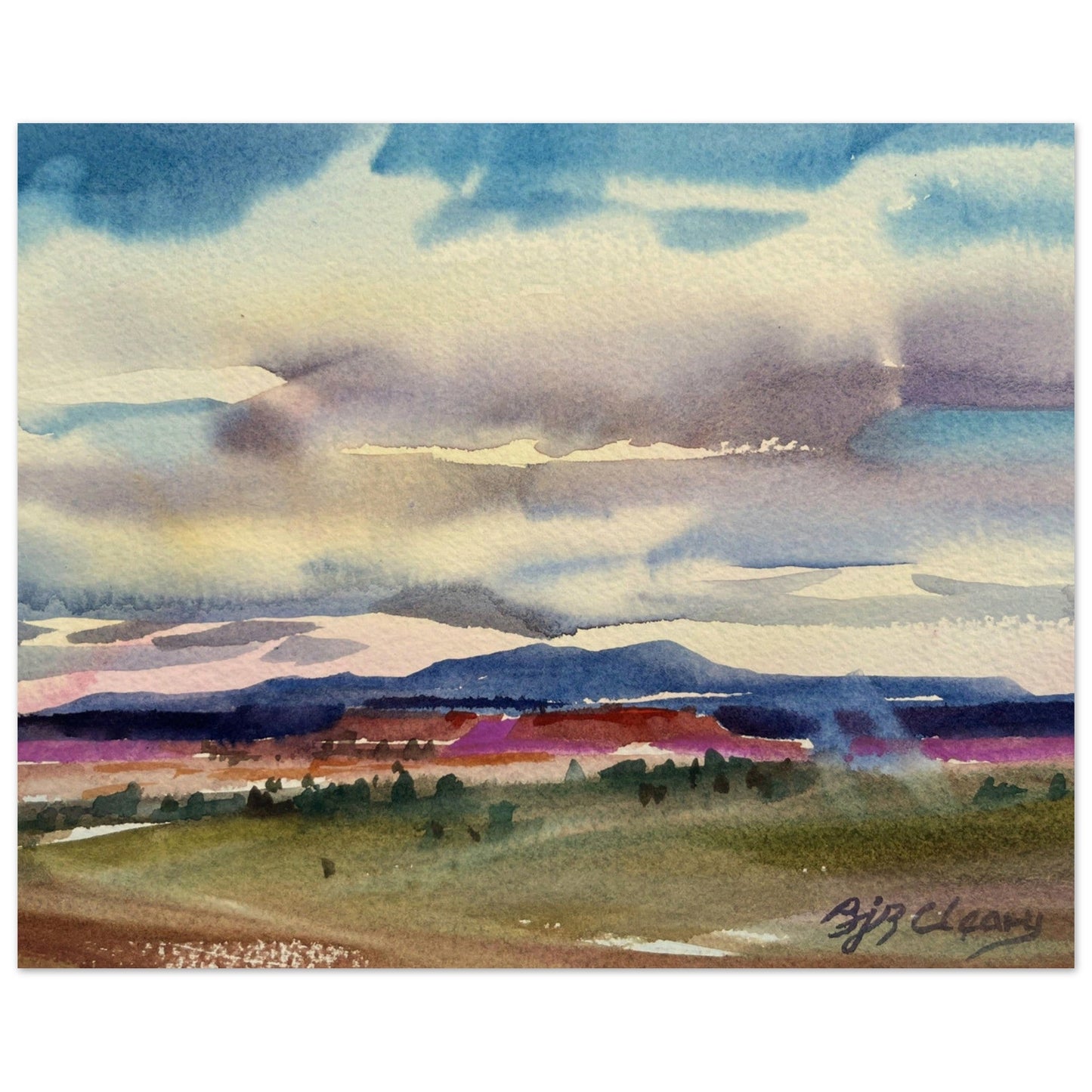 ‘Tranquil Mountain View 1’ Landscape Watercolor I 16x20 Museum-Quality Matte Paper Poster | Original Artwork by American Artist Barbara Cleary I F96
