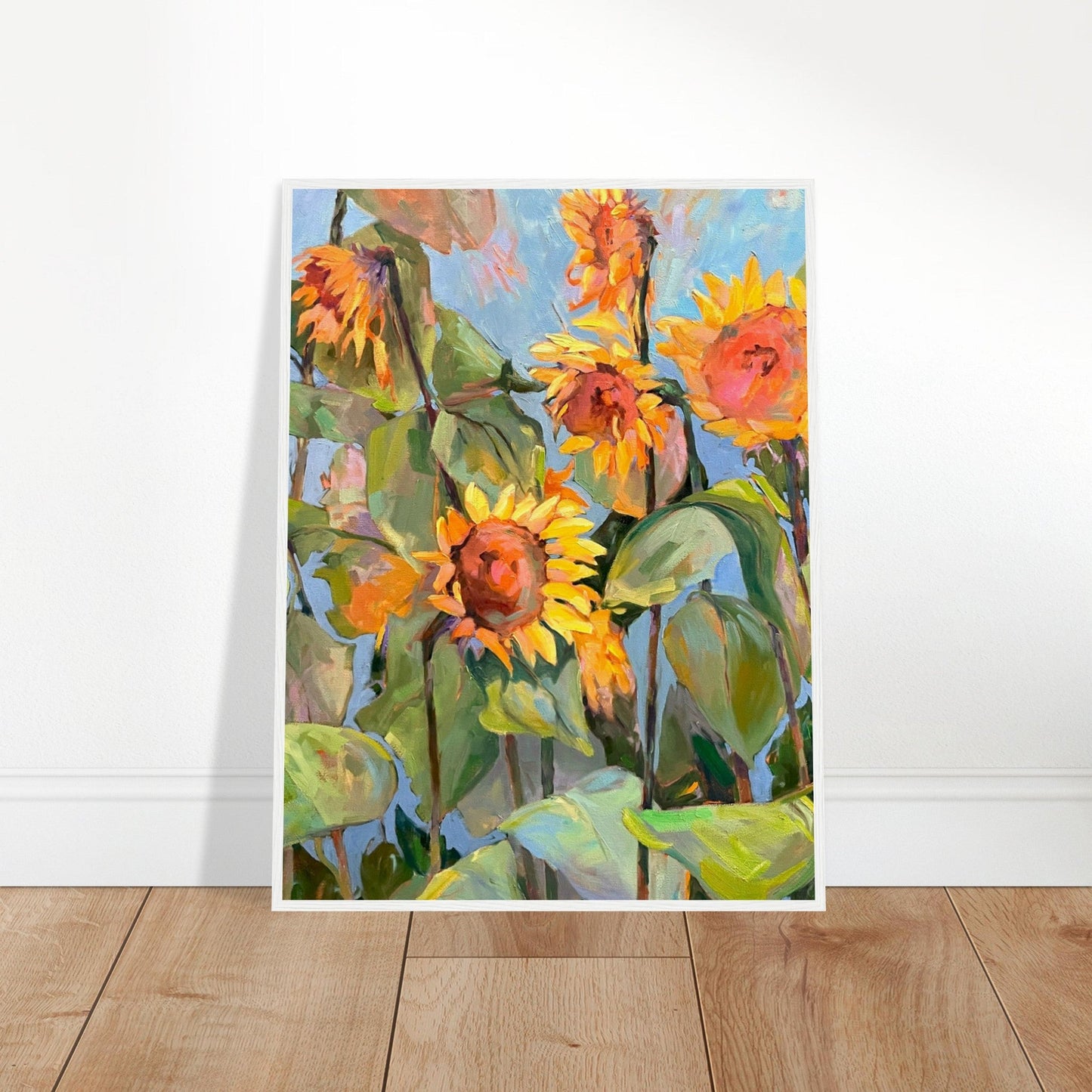 'Southwind Sunflowers 1' Floral | 24x32 inch Wooden Framed Art Print | Original Artwork by American Artist Barbara Cleary