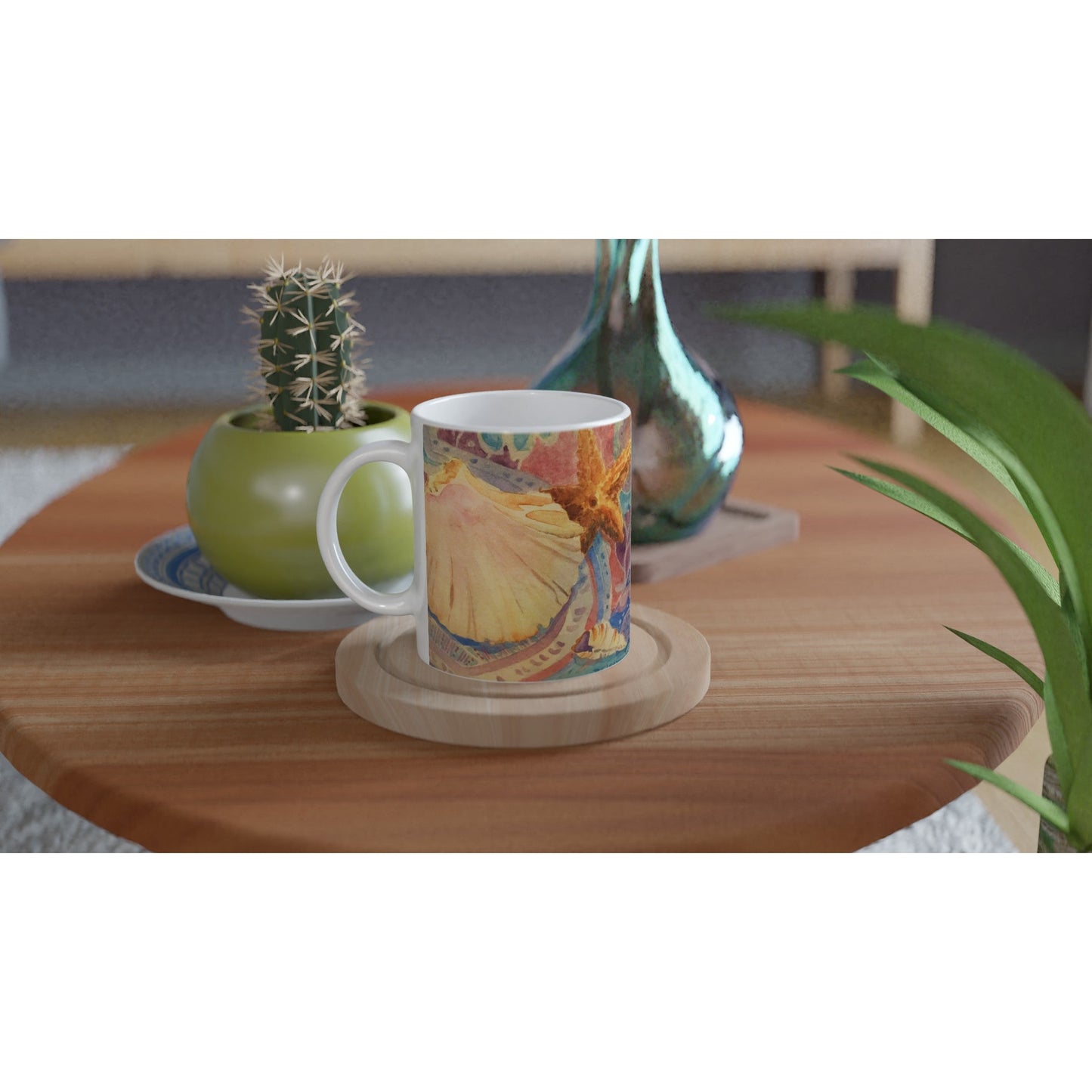 11oz White Ceramic Mug | Coffee Cup with 'Starfish' Watercolor Artwork by American Artist Barbara Cleary