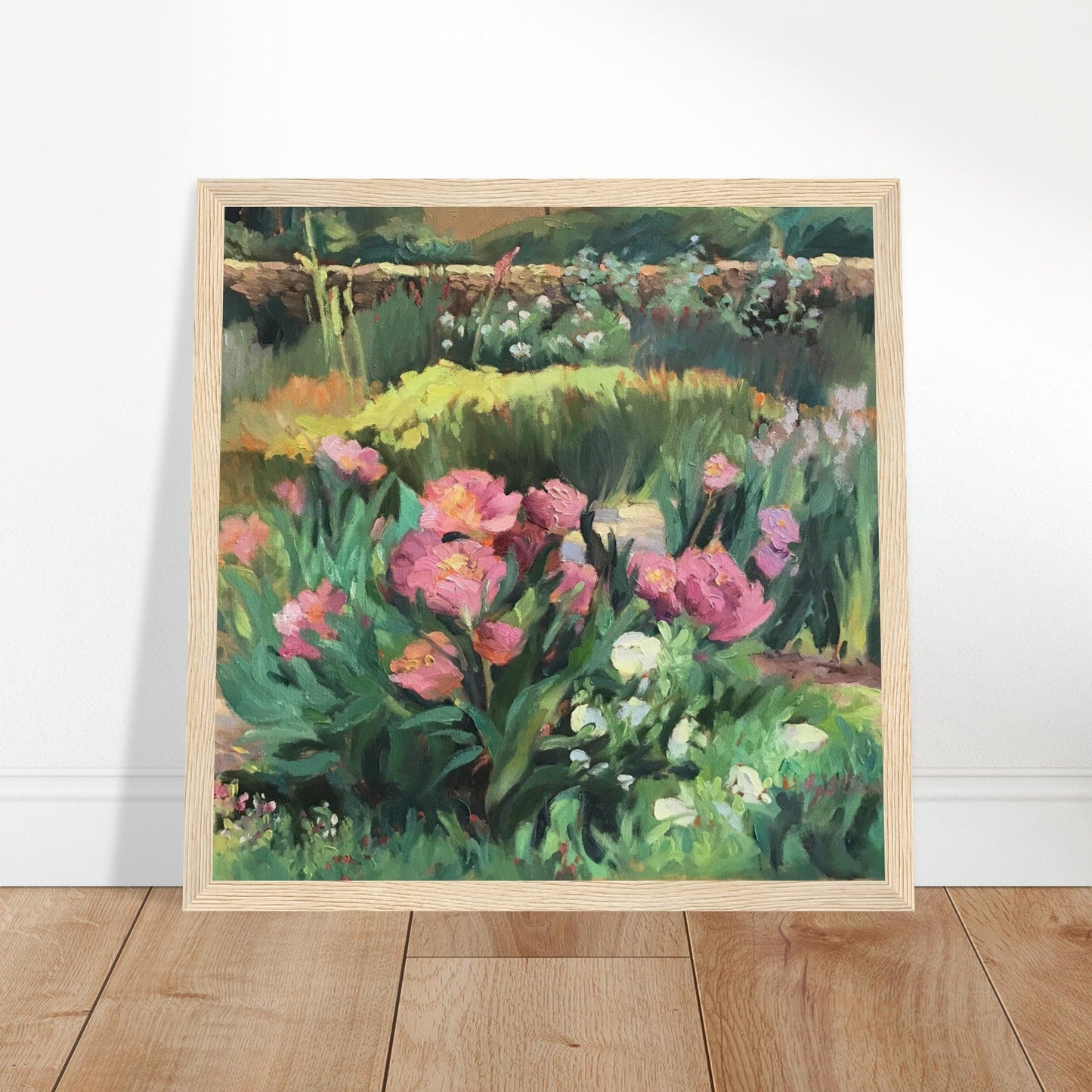‘Garden Peonies’ Pink and Green Floral | 12x12 inch Wooden Framed Art Print | Original Artwork by American Artist Barbara Cleary
