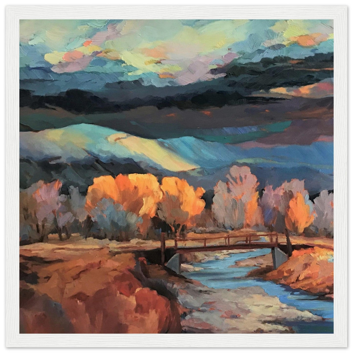 ‘Rio Pueblo River’ Landscape | 12x12 Wooden Framed Art Print | Original Artwork by American Artist Barbara Cleary